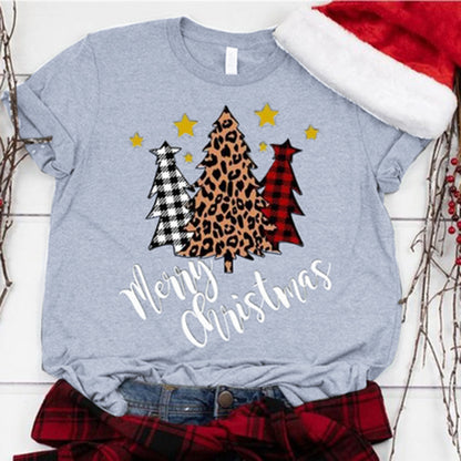 Three color Christmas tree print short sleeved shirt