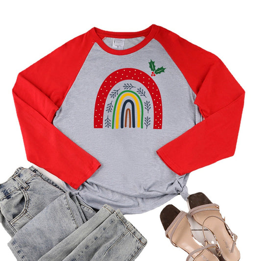Cartoon rainbow print shoulder length long sleeved multi-color top