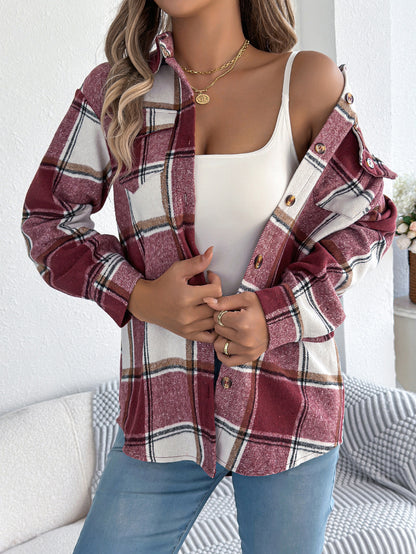 Casual plaid fake pocket long sleeved woolen mid length jacket