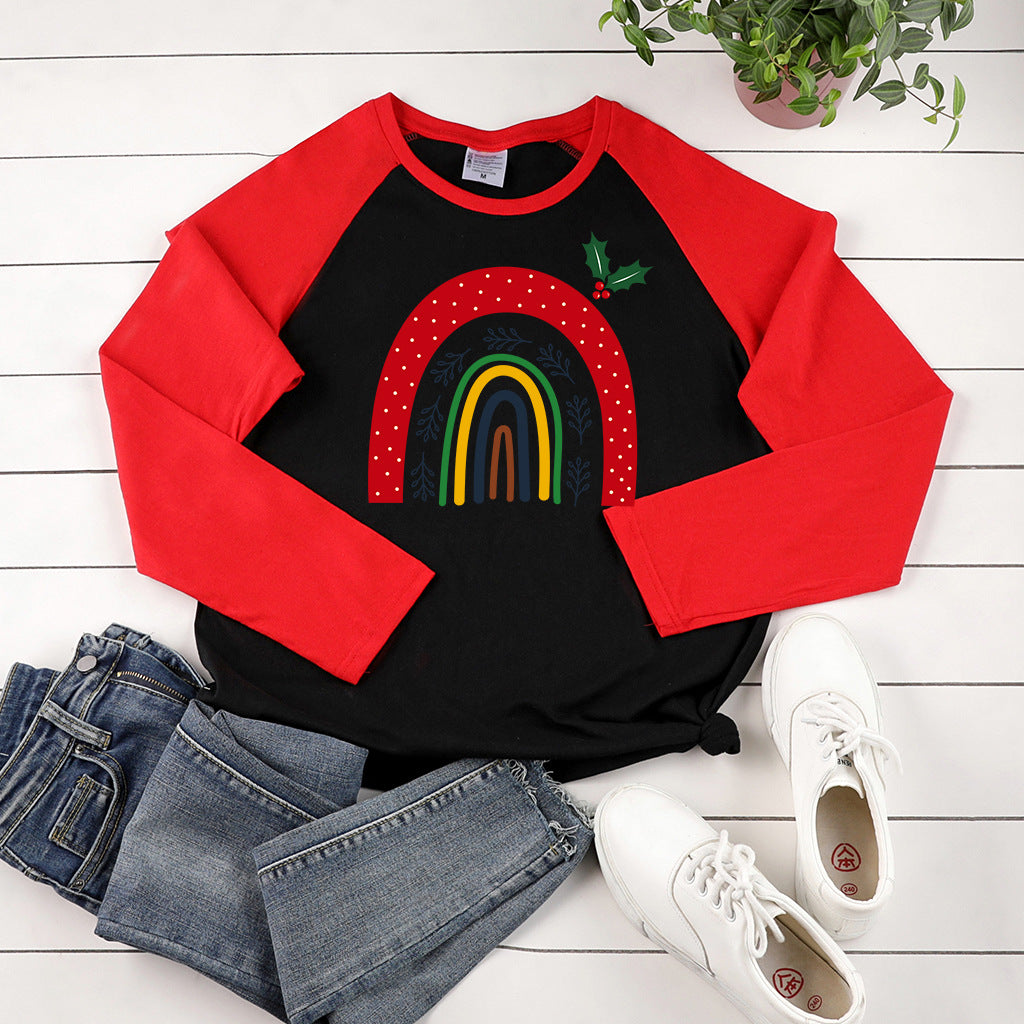 Cartoon rainbow print shoulder length long sleeved multi-color top