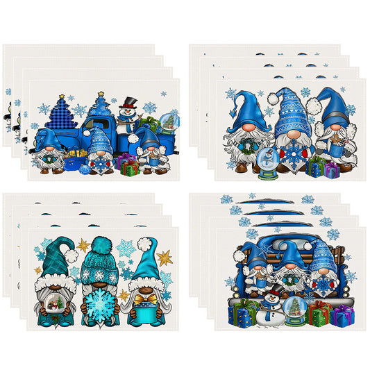 Christmas gnome printed placemat blue series linen dining table insulation mat holiday party decoration table mat