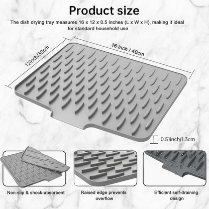 Silicone Dish Drying Mat (Countertop): Anti-Spill, Non-Slip, Sloped with Heat-Insulating Pads