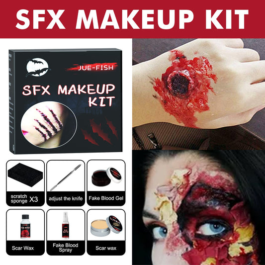 Halloween Makeup Kit with scar wax, fake blood gel, and tools for realistic wound effects and special effects makeup