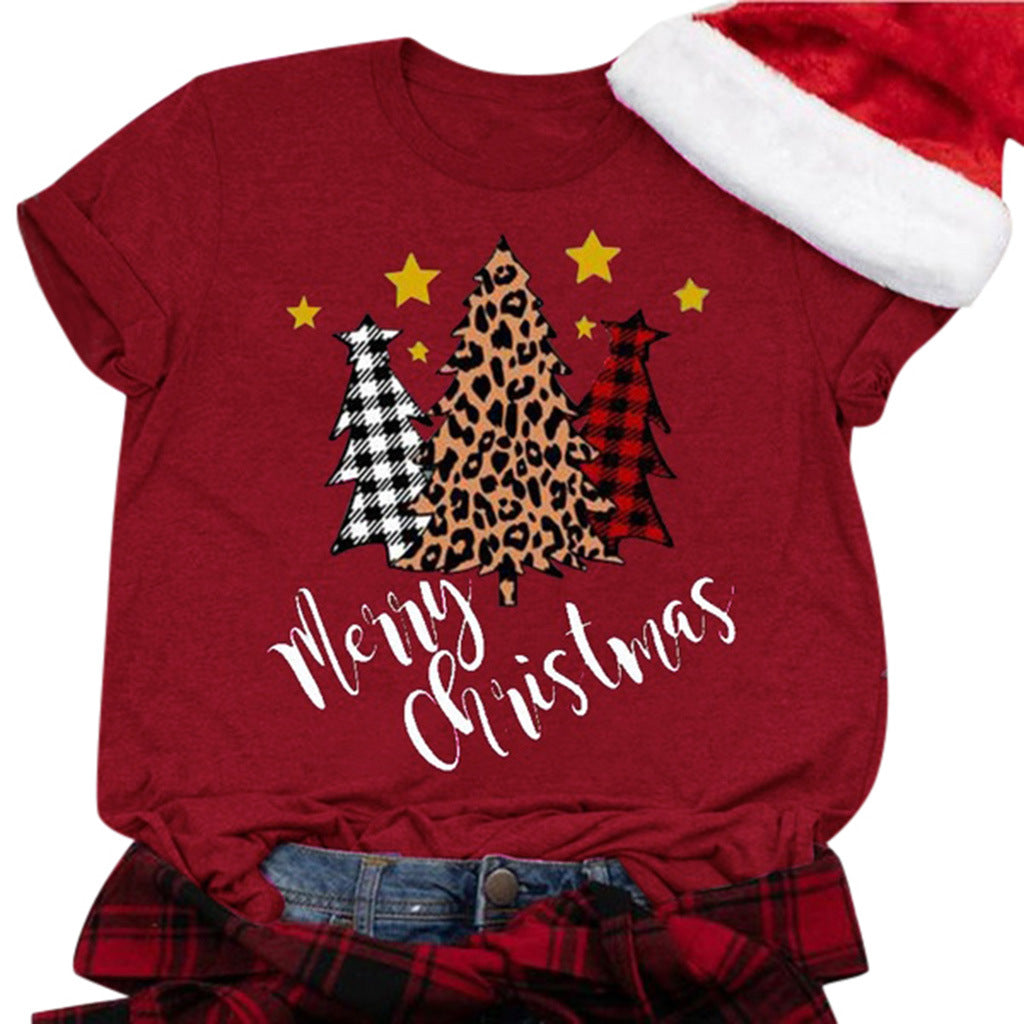 Three color Christmas tree print short sleeved shirt