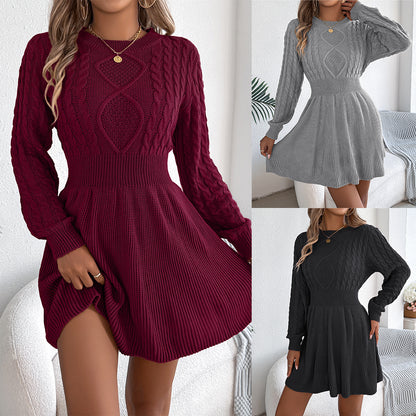 Solid Fried Dough Twists waist lantern long sleeve wool dress A-line skirt