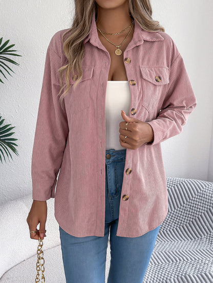 Fake pocket long sleeved corduroy mid length jacket