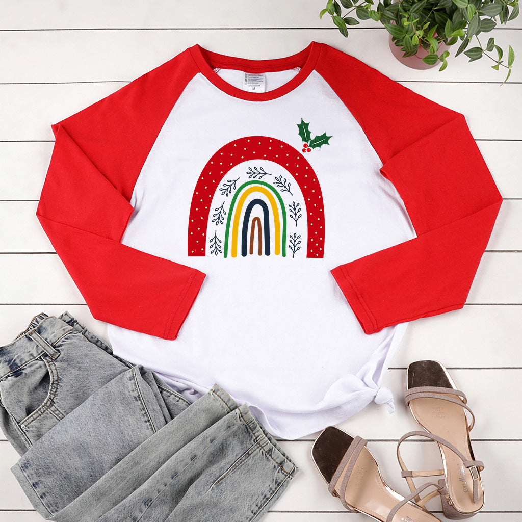 Cartoon rainbow print shoulder length long sleeved multi-color top