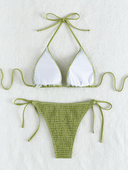 Printed lace up neck hanging sexy bikini triangle hot spring split swimsuit for women