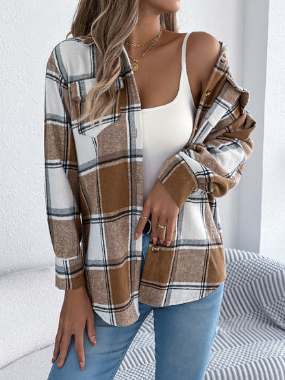 Casual plaid fake pocket long sleeved woolen mid length jacket