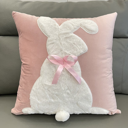 Soft Rabbit Pillow Cover Sofa Cushion Velvet Embroidered Pillow Girl's Heart Pink Cartoon Pillow Cover Cute
