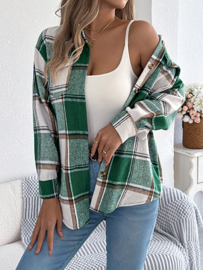 Casual plaid fake pocket long sleeved woolen mid length jacket