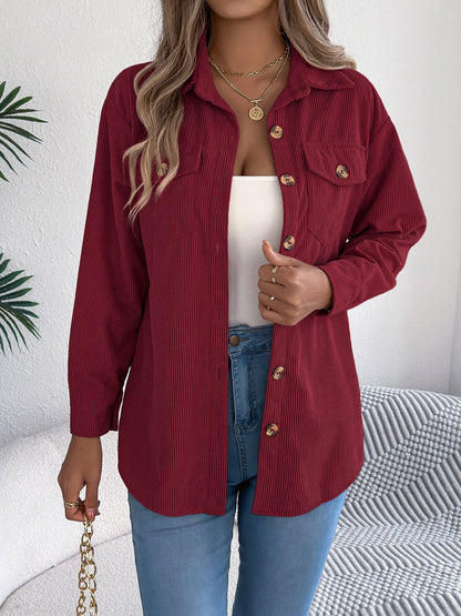 Fake pocket long sleeved corduroy mid length jacket