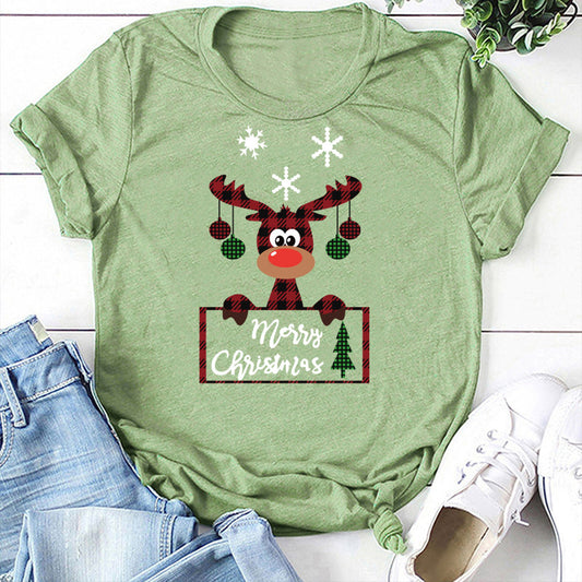 Printed Christmas Deer Letter T-shirt