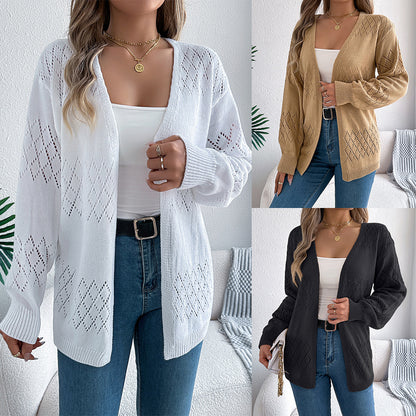 Solid color hollow lantern long sleeved cardigan sweater mid length jacket