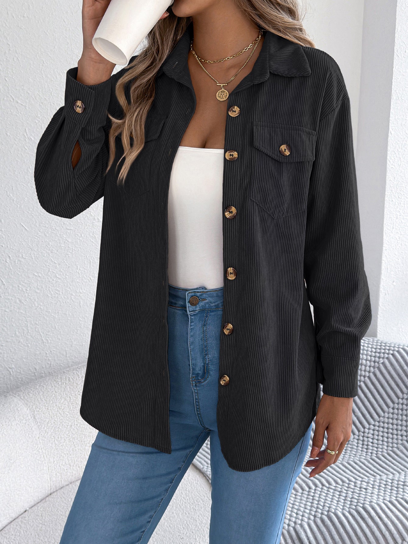 Fake pocket long sleeved corduroy mid length jacket