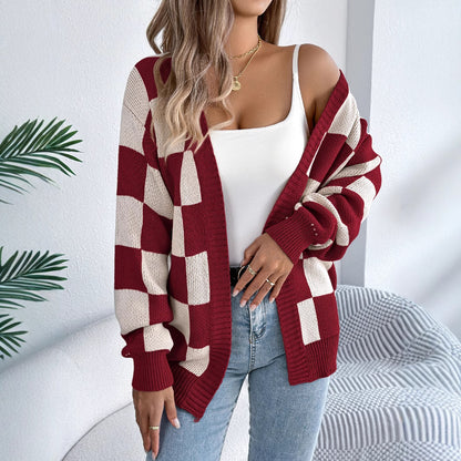 Color blocking checkered lantern sleeve cardigan sweater mid length jacket
