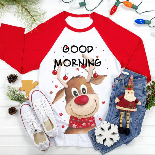 Christmas Good Morning Elk Printed T-shirt