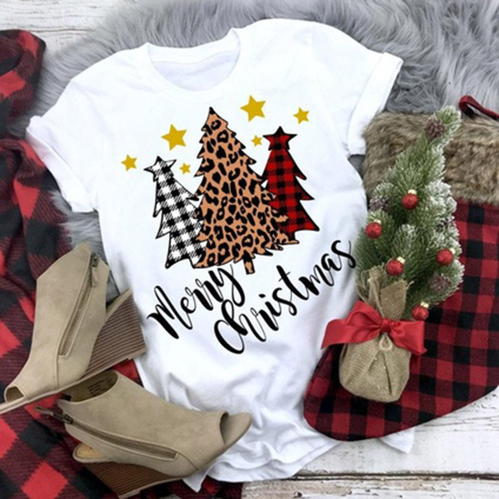 Three color Christmas tree print short sleeved shirt