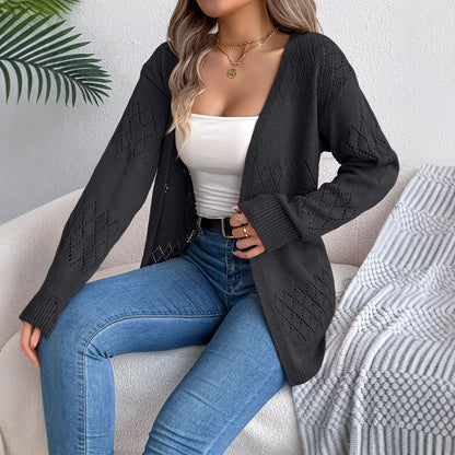 Solid color hollow lantern long sleeved cardigan sweater mid length jacket