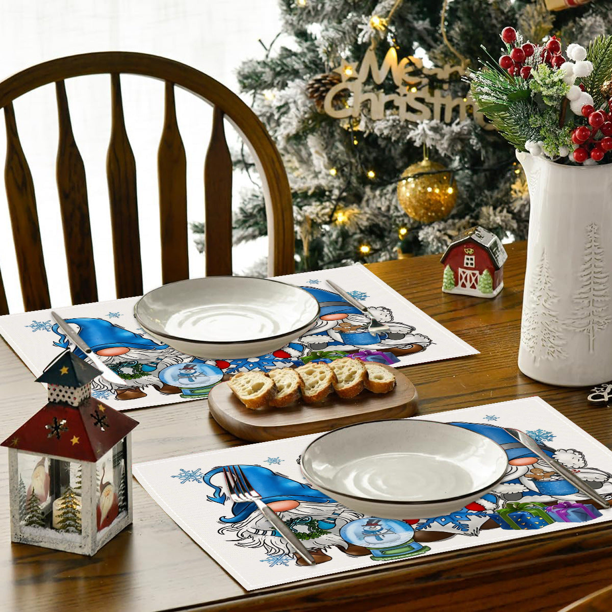 Christmas gnome printed placemat blue series linen dining table insulation mat holiday party decoration table mat