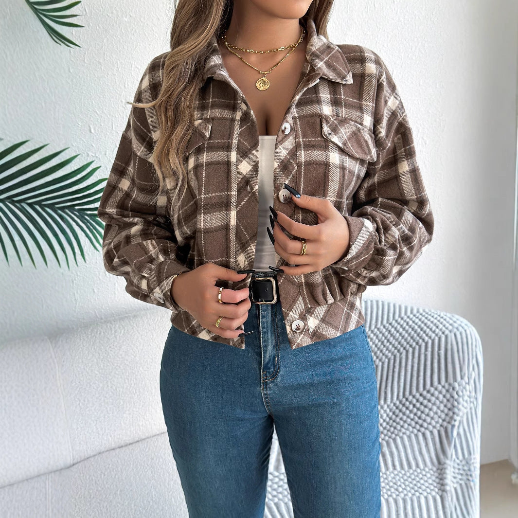Checkered fake pocket long sleeved woolen jacket