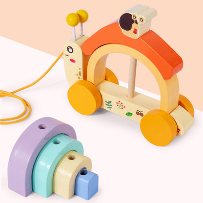 Wooden children's rainbow snail tractor color matching cognitive building blocks fun rope learning walker