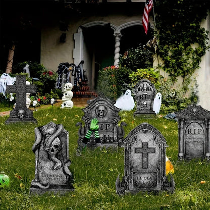 Halloween Outdoor Decor: Cemetery Tombstones, Yard Signs with Stakes, Realistic Scary Skulls