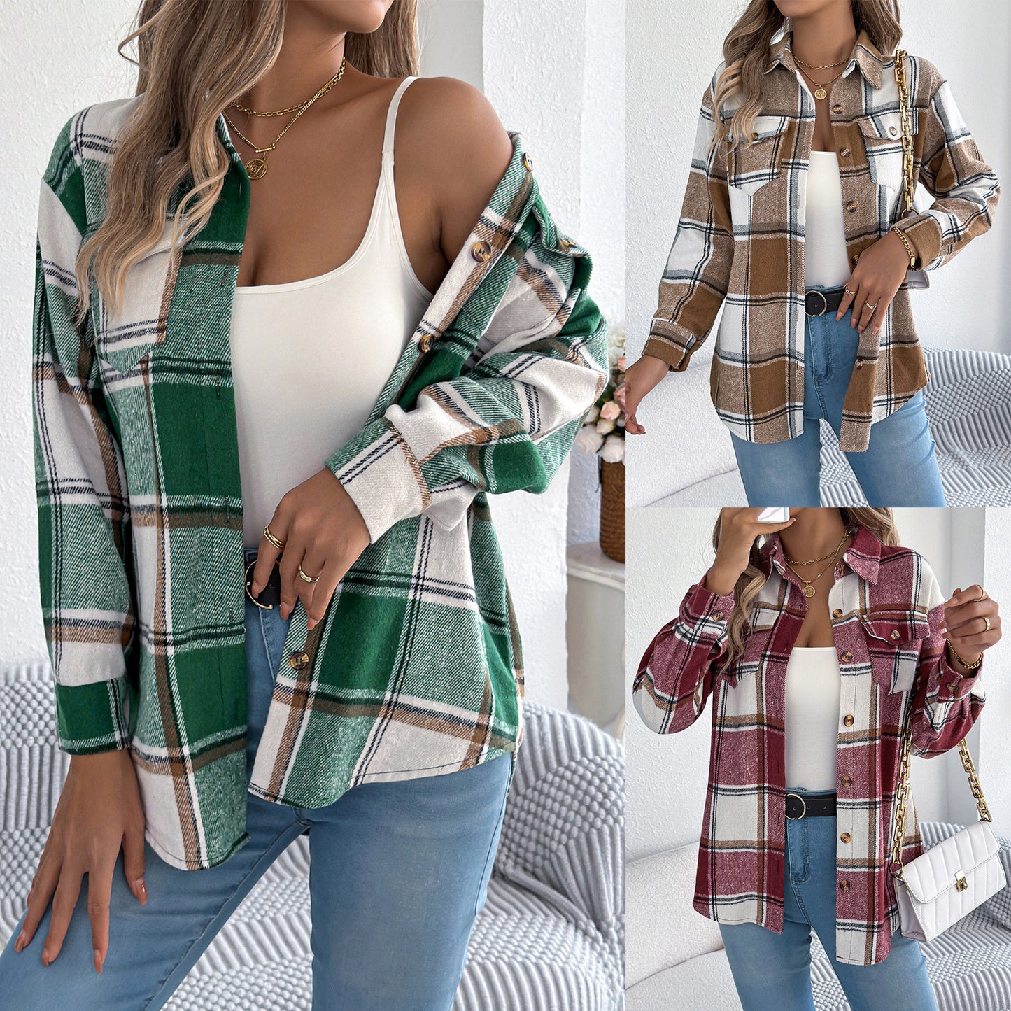 Casual plaid fake pocket long sleeved woolen mid length jacket
