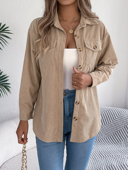 Fake pocket long sleeved corduroy mid length jacket