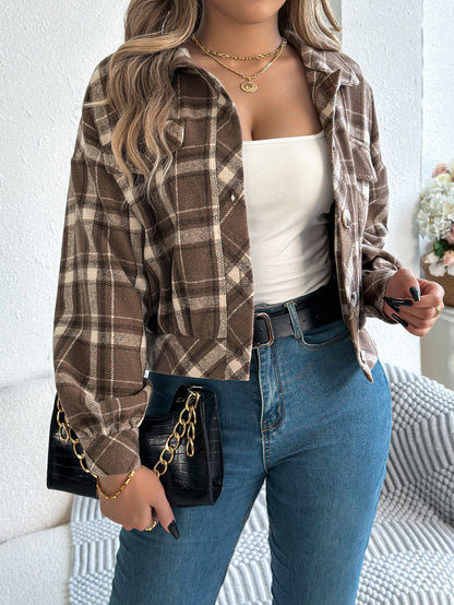 Checkered fake pocket long sleeved woolen jacket