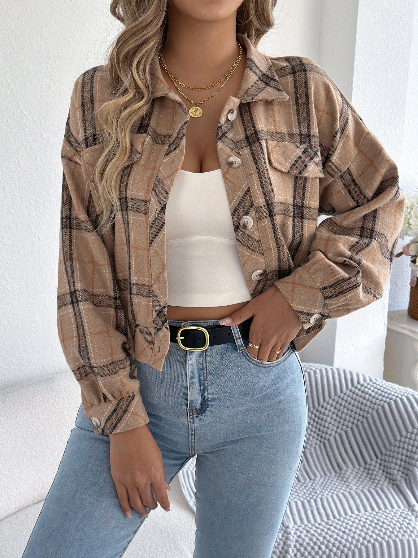 Checkered fake pocket long sleeved woolen jacket