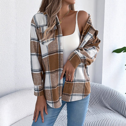 Casual plaid fake pocket long sleeved woolen mid length jacket